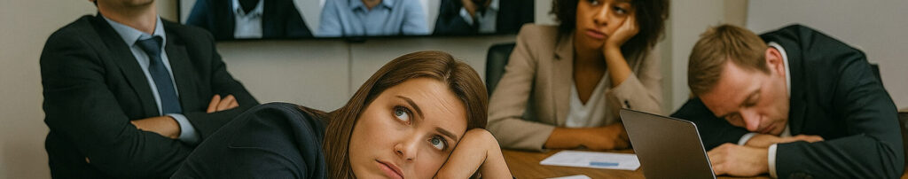 Overcrowded boardroom with cluttered cables and uncomfortable seating during a meeting